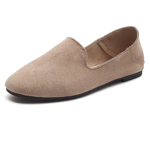 LarDorLin Ballet Dolly Schuhe Damen Square Toe Flach Schuhe Ohne Verschluss Leisure Strand Geschlossen Wildleder Ballerina Buro Loafer Khaki Gr 38 EU (39 Cn) von LarDorLin