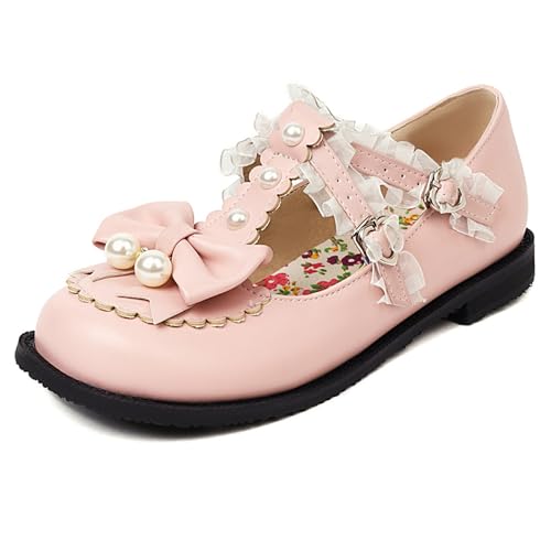 LarDorLin Bogen Mary Jane Flach Damen Runde Zehen Schuhe Komfort Schuluniform Ballet Party Prom Lovely Lolita Dolly Schuhe Pink Gr 44 EU (46 Cn) von LarDorLin