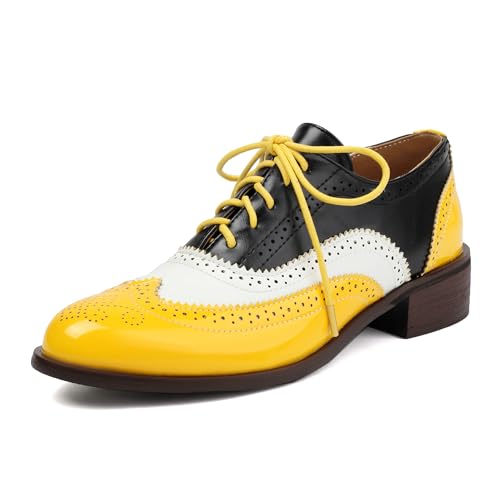 LarDorLin Brogue Derby Damen Schnüren Low Blockabsatz Männer Arbeit Schuhe Business Buro Runde Zehen Comfy Oxford Gelb Gr 36 EU von LarDorLin