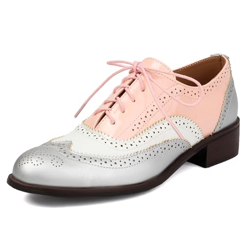 LarDorLin Brogue Derby Damen Schnüren Low Blockabsatz Männer Arbeit Schuhe Business Buro Runde Zehen Comfy Oxford Pink Gr 39 EU (40 Cn) von LarDorLin