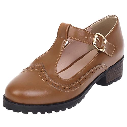 LarDorLin Brogue Mary Jane T Bar Damen Runde Zehen Schuhe Komfort Low Blockabsatz Buro Arbeit Pumps Schnalle Braun Gr 37 EU (38 Cn) von LarDorLin