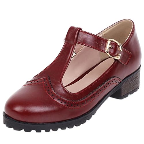 LarDorLin Brogue Mary Jane T Bar Damen Runde Zehen Schuhe Komfort Low Blockabsatz Buro Arbeit Pumps Schnalle Rotwein Gr 39 EU (40 Cn) von LarDorLin