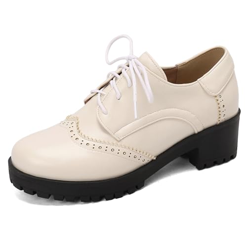 LarDorLin Buro Oxford Damen Runde Zehen Schnüren Derby Plateau Leisure Chunky Mitte Blockabsatz Comfy Arbeit Schuhe Brogue Beige Gr 38 EU (39 Cn) von LarDorLin