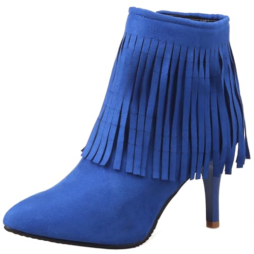 LarDorLin Buro Stilettos Pointed Toe Damen Stiefeletten Elegant Winter Warm Höhe Ferse Wildleder Zip Stiefeletten Franse Blau Gr 50 EU (52 Cn) von LarDorLin