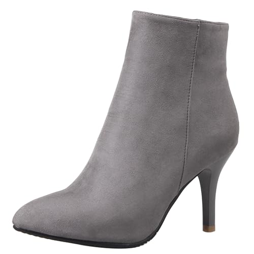 LarDorLin Buro Stilettos Pointed Toe Damen Stiefeletten Elegant Winter Warm Höhe Ferse Wildleder Zip Stiefeletten Franse Grau Gr 36.5 EU (37 Cn) von LarDorLin