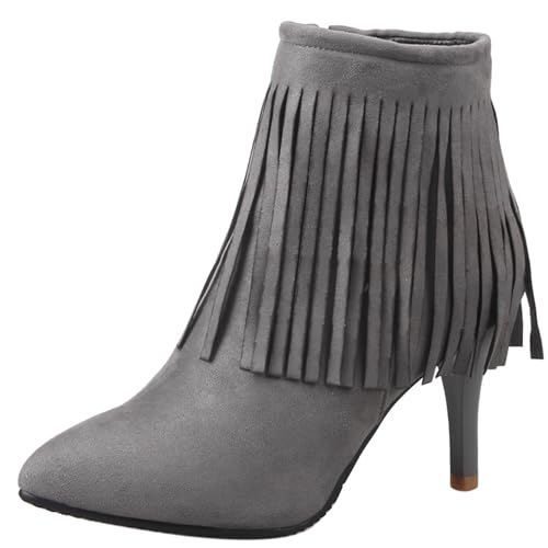 LarDorLin Buro Stilettos Pointed Toe Damen Stiefeletten Elegant Winter Warm Höhe Ferse Wildleder Zip Stiefeletten Franse Grau Gr 40.5 EU (42 Cn) von LarDorLin