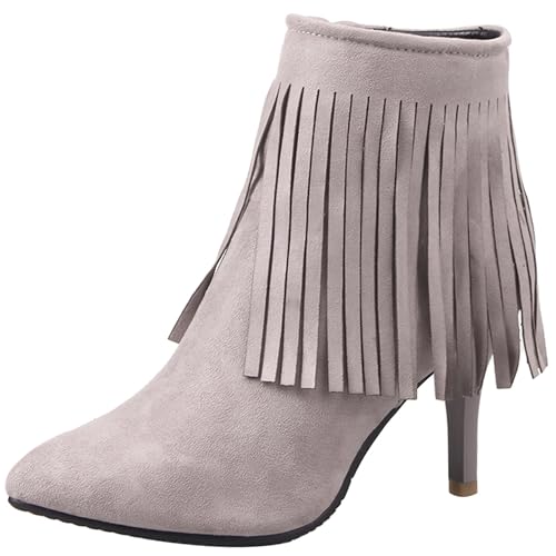 LarDorLin Buro Stilettos Pointed Toe Damen Stiefeletten Elegant Winter Warm Höhe Ferse Wildleder Zip Stiefeletten Franse Pink Gr 37 EU (38 Cn) von LarDorLin