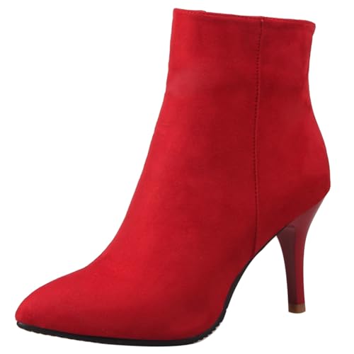LarDorLin Buro Stilettos Pointed Toe Damen Stiefeletten Elegant Winter Warm Höhe Ferse Wildleder Zip Stiefeletten Franse Rot Gr 36 EU von LarDorLin
