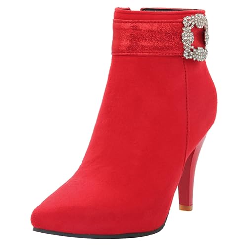 LarDorLin Buro Stilettos Pointed Toe Damen Stiefeletten Elegant Winter Warm Höhe Ferse Wildleder Zip Stiefeletten Franse Rot Gr 37 EU (38 Cn) von LarDorLin