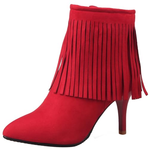 LarDorLin Buro Stilettos Pointed Toe Damen Stiefeletten Elegant Winter Warm Höhe Ferse Wildleder Zip Stiefeletten Franse Rot Gr 43 EU (45 Cn) von LarDorLin