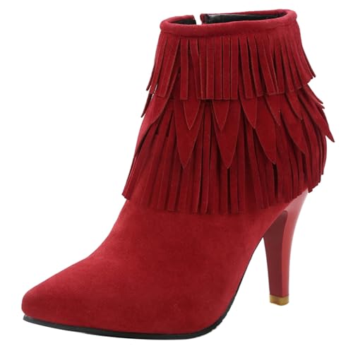 LarDorLin Buro Stilettos Pointed Toe Damen Stiefeletten Elegant Winter Warm Höhe Ferse Wildleder Zip Stiefeletten Franse Rot Gr 46 EU (48 Cn) von LarDorLin