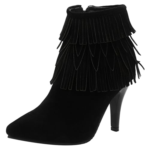 LarDorLin Buro Stilettos Pointed Toe Damen Stiefeletten Elegant Winter Warm Höhe Ferse Wildleder Zip Stiefeletten Franse Schwarz Gr 40 EU (41 Cn) von LarDorLin