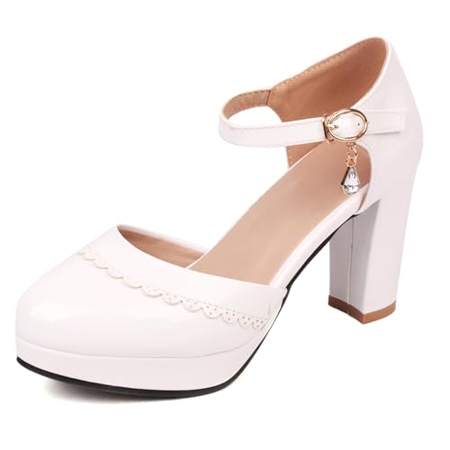 LarDorLin Chunky Block High Sandalen Damen Runde Zehen Sandals Sommer Hochzeit Party Plateau Mary Jane Knöchelriemchen Weiß Gr 39 EU (40 CN) von LarDorLin