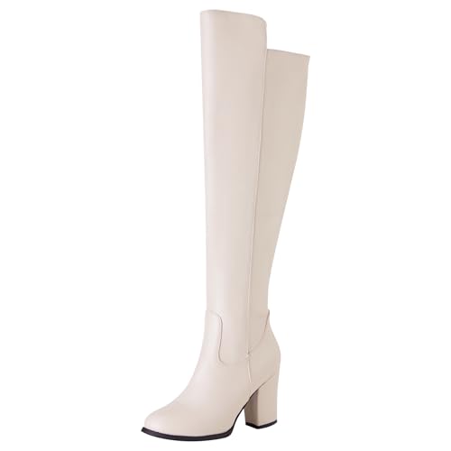 LarDorLin Damen Blockabsatz Mode Overknee Stiefel Zip Komfort Winter Chunky Mid Höhe Ferse Warm Riding Booty Beige Gr 36.5 EU (37 Cn) von LarDorLin