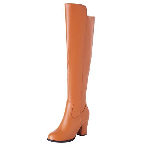 LarDorLin Damen Blockabsatz Mode Overknee Stiefel Zip Komfort Winter Chunky Mid Höhe Ferse Warm Riding Booty Gelb Gr 40.5 EU (42 Cn) von LarDorLin