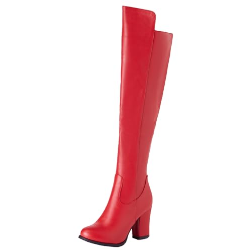 LarDorLin Damen Blockabsatz Mode Overknee Stiefel Zip Komfort Winter Chunky Mid Höhe Ferse Warm Riding Booty Rot Gr 40.5 EU (42 Cn) von LarDorLin