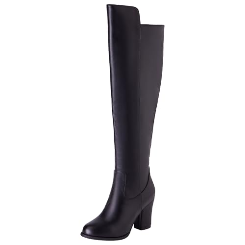LarDorLin Damen Blockabsatz Mode Overknee Stiefel Zip Komfort Winter Chunky Mid Höhe Ferse Warm Riding Booty Schwarz Gr 49 EU (51 Cn) von LarDorLin