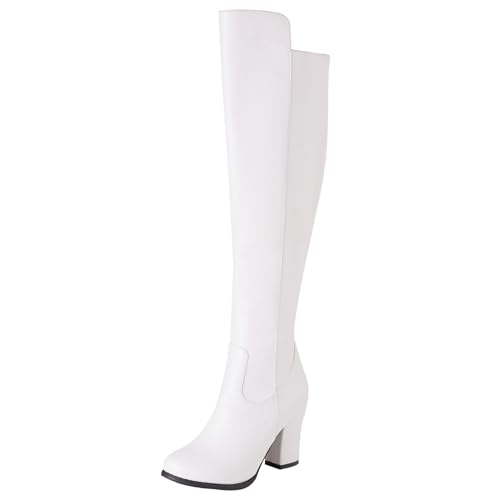 LarDorLin Damen Blockabsatz Mode Overknee Stiefel Zip Komfort Winter Chunky Mid Höhe Ferse Warm Riding Booty Weiß Gr 36.5 EU (37 Cn) von LarDorLin