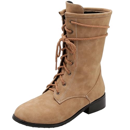 LarDorLin Damen Draußen Schnüren Halbschaft Militarstiefel Runde Zehen Komfort Winter Low Blockabsatz Combat Chukka Stiefeletten Gelb Gr 36.5 EU (37 Cn) von LarDorLin