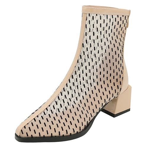 LarDorLin Damen Elegant Pointed Toe Sommer Blockabsatz Mesh Stiefel Hochzeit Party Mode Chelsea Zip Riding Booty Beige/Ankle Gr 36 EU von LarDorLin