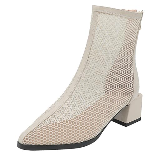 LarDorLin Damen Elegant Pointed Toe Sommer Blockabsatz Mesh Stiefel Hochzeit Party Mode Chelsea Zip Riding Booty Beige/Ankle Gr 43 EU (45 Cn) von LarDorLin