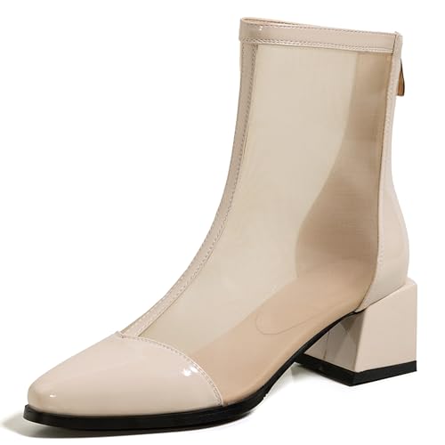 LarDorLin Damen Elegant Pointed Toe Sommer Blockabsatz Mesh Stiefel Hochzeit Party Mode Chelsea Zip Riding Booty Beige/Ankle Gr 51 EU (53 Cn) von LarDorLin