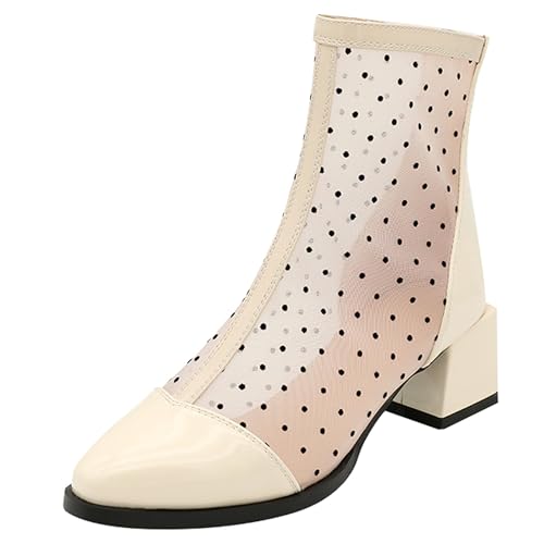 LarDorLin Damen Elegant Pointed Toe Sommer Blockabsatz Mesh Stiefel Hochzeit Party Mode Chelsea Zip Riding Booty Beige/Ankle Gr 52 EU (54 Cn) von LarDorLin