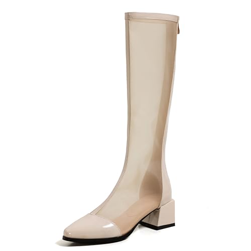 LarDorLin Damen Elegant Pointed Toe Sommer Blockabsatz Mesh Stiefel Hochzeit Party Mode Chelsea Zip Riding Booty Beige/Knee Gr 38 EU (39 Cn) von LarDorLin