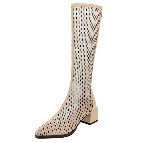 LarDorLin Damen Elegant Pointed Toe Sommer Blockabsatz Mesh Stiefel Hochzeit Party Mode Chelsea Zip Riding Booty Beige/Knee Gr 41 EU (43 Cn) von LarDorLin