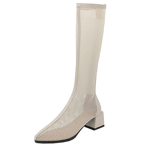 LarDorLin Damen Elegant Pointed Toe Sommer Blockabsatz Mesh Stiefel Hochzeit Party Mode Chelsea Zip Riding Booty Beige/Knee Gr 48 EU (50 Cn) von LarDorLin