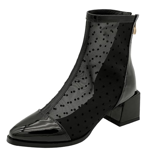 LarDorLin Damen Elegant Pointed Toe Sommer Blockabsatz Mesh Stiefel Hochzeit Party Mode Chelsea Zip Riding Booty Schwarz/Ankle Gr 33 EU von LarDorLin