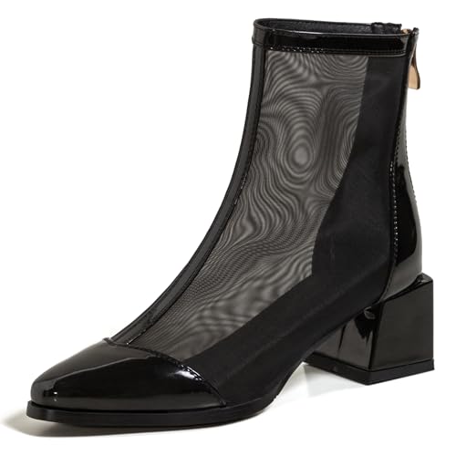 LarDorLin Damen Elegant Pointed Toe Sommer Blockabsatz Mesh Stiefel Hochzeit Party Mode Chelsea Zip Riding Booty Schwarz/Ankle Gr 45 EU (47 Cn) von LarDorLin