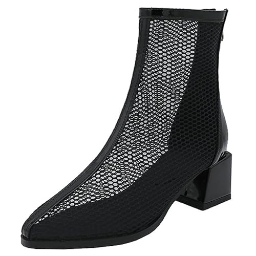 LarDorLin Damen Elegant Pointed Toe Sommer Blockabsatz Mesh Stiefel Hochzeit Party Mode Chelsea Zip Riding Booty Schwarz/Ankle Gr 47 EU (49 Cn) von LarDorLin