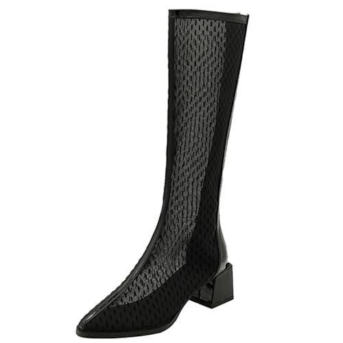 LarDorLin Damen Elegant Pointed Toe Sommer Blockabsatz Mesh Stiefel Hochzeit Party Mode Chelsea Zip Riding Booty Schwarz/Knee Gr 40 EU (41 Cn) von LarDorLin