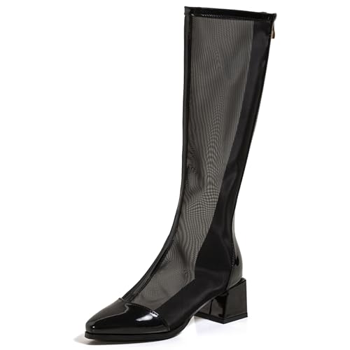LarDorLin Damen Elegant Pointed Toe Sommer Blockabsatz Mesh Stiefel Hochzeit Party Mode Chelsea Zip Riding Booty Schwarz/Knee Gr 41 EU (43 Cn) von LarDorLin