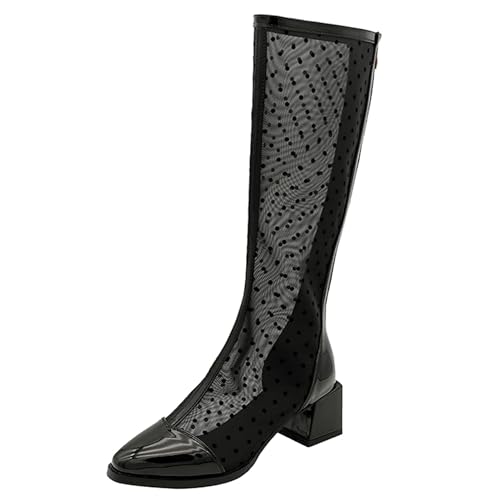 LarDorLin Damen Elegant Pointed Toe Sommer Blockabsatz Mesh Stiefel Hochzeit Party Mode Chelsea Zip Riding Booty Schwarz/Knee Gr 46 EU (48 Cn) von LarDorLin