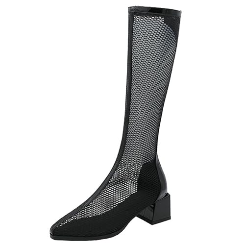 LarDorLin Damen Elegant Pointed Toe Sommer Blockabsatz Mesh Stiefel Hochzeit Party Mode Chelsea Zip Riding Booty Schwarz/Knee Gr 51 EU (53 Cn) von LarDorLin