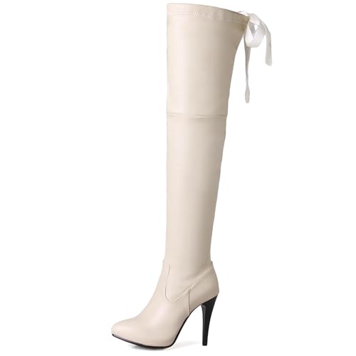 LarDorLin Damen Elegant Stilettos Winter Overknee Stiefel Buro Plateau Höhe Ferse Pointed Toe Warm Long Booty Aprikose Gr 32 EU von LarDorLin