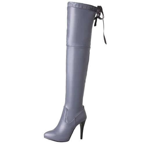 LarDorLin Damen Elegant Stilettos Winter Overknee Stiefel Buro Plateau Höhe Ferse Pointed Toe Warm Long Booty Grau Gr 37 EU (38 Cn) von LarDorLin