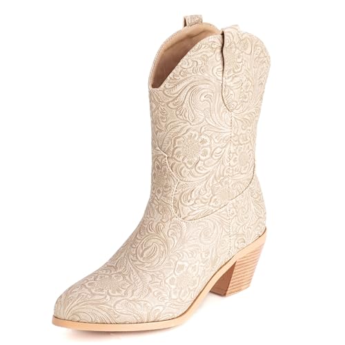 LarDorLin Damen Halbschaft Bestickt Western Cowboystiefel Pointed Toe Komfort Winter Warm Blockabsatz Vintage Stiefeletten Aprikose Gr 46 EU (48 Cn) von LarDorLin