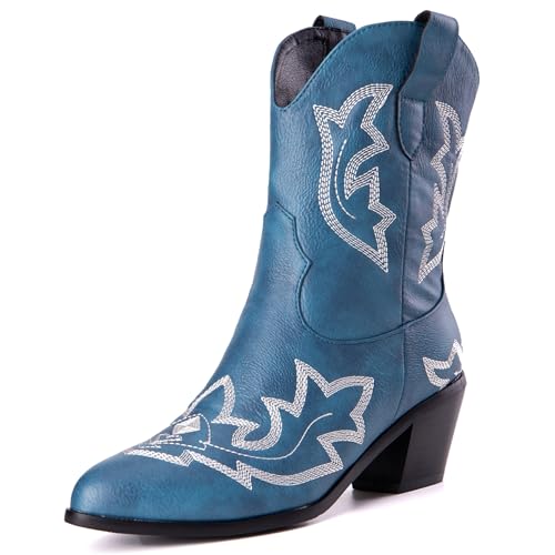 LarDorLin Damen Halbschaft Bestickt Western Cowboystiefel Pointed Toe Komfort Winter Warm Blockabsatz Vintage Stiefeletten Blau Gr 50 EU (52 Cn) von LarDorLin