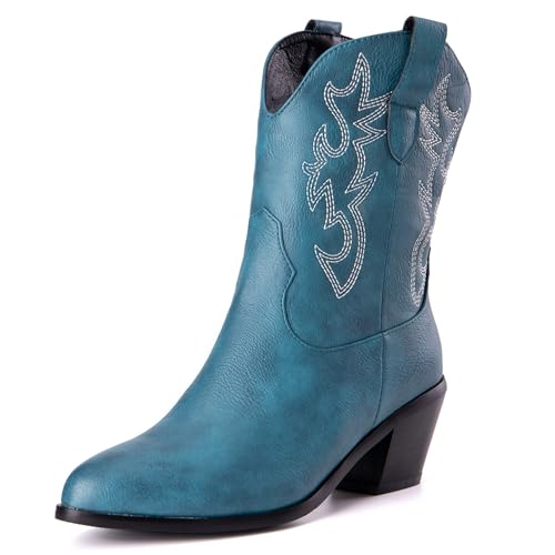 LarDorLin Damen Halbschaft Bestickt Western Cowboystiefel Pointed Toe Komfort Winter Warm Blockabsatz Vintage Stiefeletten Blau Gr 52 EU (54 Cn) von LarDorLin