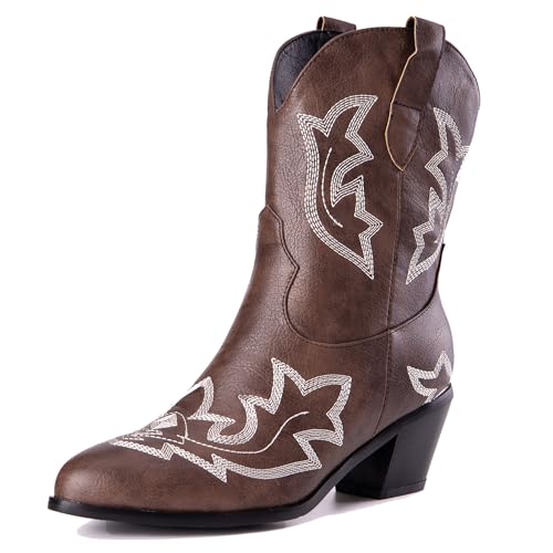 LarDorLin Damen Halbschaft Bestickt Western Cowboystiefel Pointed Toe Komfort Winter Warm Blockabsatz Vintage Stiefeletten Dark-Braun Gr 36 EU von LarDorLin