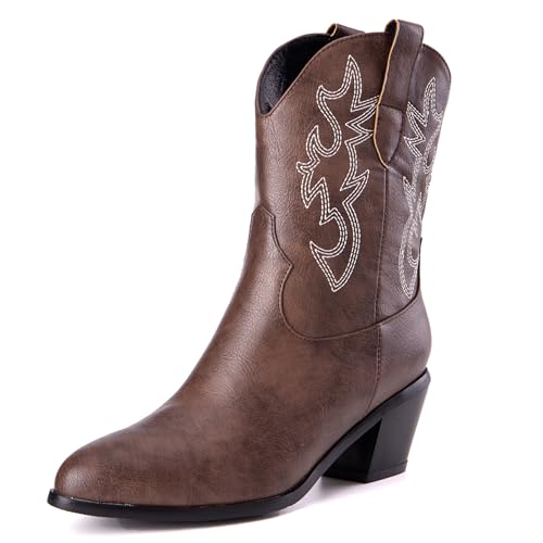 LarDorLin Damen Halbschaft Bestickt Western Cowboystiefel Pointed Toe Komfort Winter Warm Blockabsatz Vintage Stiefeletten Dark-Braun Gr 40.5 EU (42 Cn) von LarDorLin