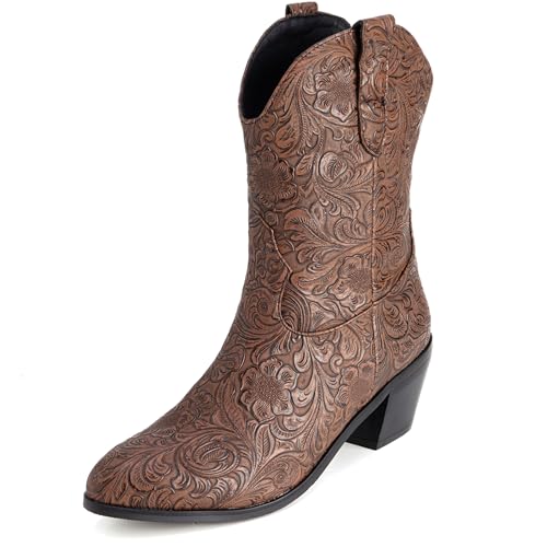 LarDorLin Damen Halbschaft Bestickt Western Cowboystiefel Pointed Toe Komfort Winter Warm Blockabsatz Vintage Stiefeletten Dark-Braun Gr 40.5 EU (42 Cn) von LarDorLin
