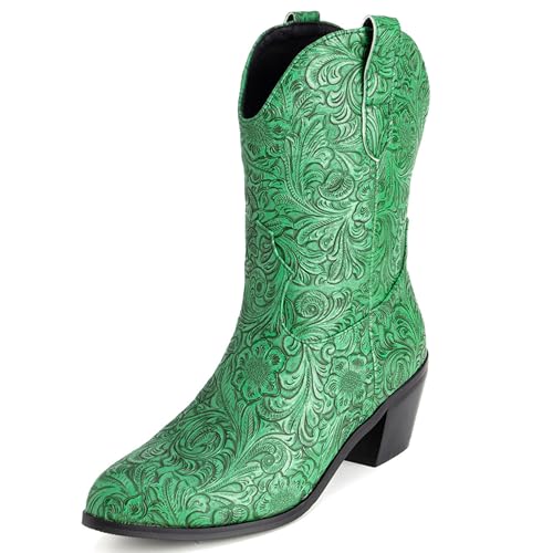 LarDorLin Damen Halbschaft Bestickt Western Cowboystiefel Pointed Toe Komfort Winter Warm Blockabsatz Vintage Stiefeletten Dark-Grün Gr 38 EU (39 Cn) von LarDorLin
