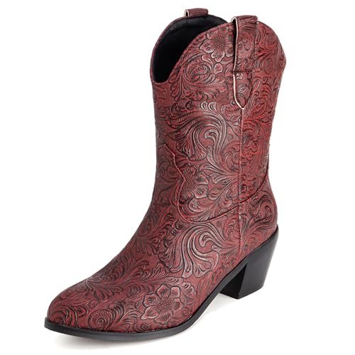 LarDorLin Damen Halbschaft Bestickt Western Cowboystiefel Pointed Toe Komfort Winter Warm Blockabsatz Vintage Stiefeletten Dark-Rot Gr 40 EU (41 Cn) von LarDorLin