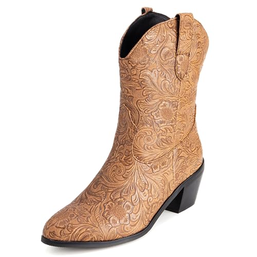 LarDorLin Damen Halbschaft Bestickt Western Cowboystiefel Pointed Toe Komfort Winter Warm Blockabsatz Vintage Stiefeletten Gelb-Braun Gr 44 EU (46 Cn) von LarDorLin