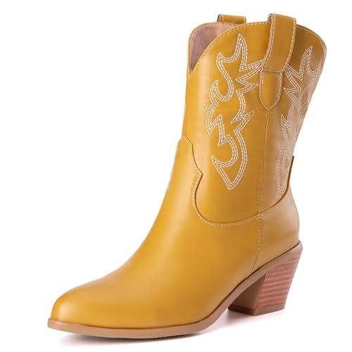 LarDorLin Damen Halbschaft Bestickt Western Cowboystiefel Pointed Toe Komfort Winter Warm Blockabsatz Vintage Stiefeletten Gelb Gr 47 EU (49 Cn) von LarDorLin