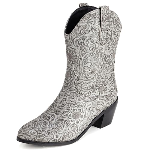 LarDorLin Damen Halbschaft Bestickt Western Cowboystiefel Pointed Toe Komfort Winter Warm Blockabsatz Vintage Stiefeletten Grau Gr 32 EU von LarDorLin